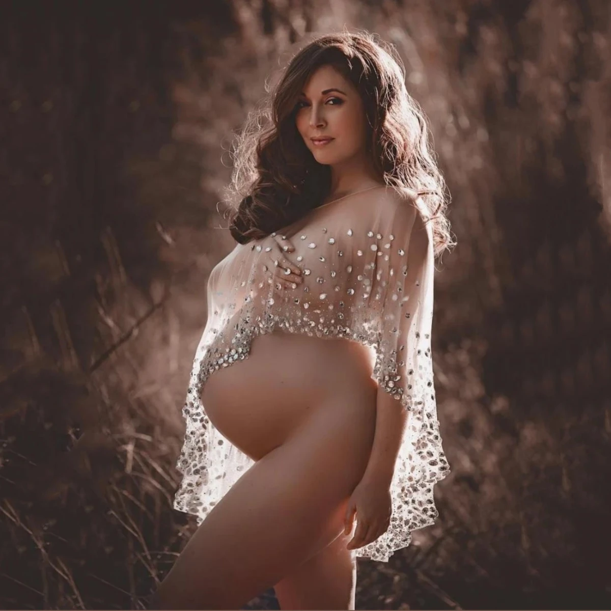 

Rhinestone Tulle Cape For Maternity Photography Props See Through Crystals Pregnancy Photo Shoot Cape