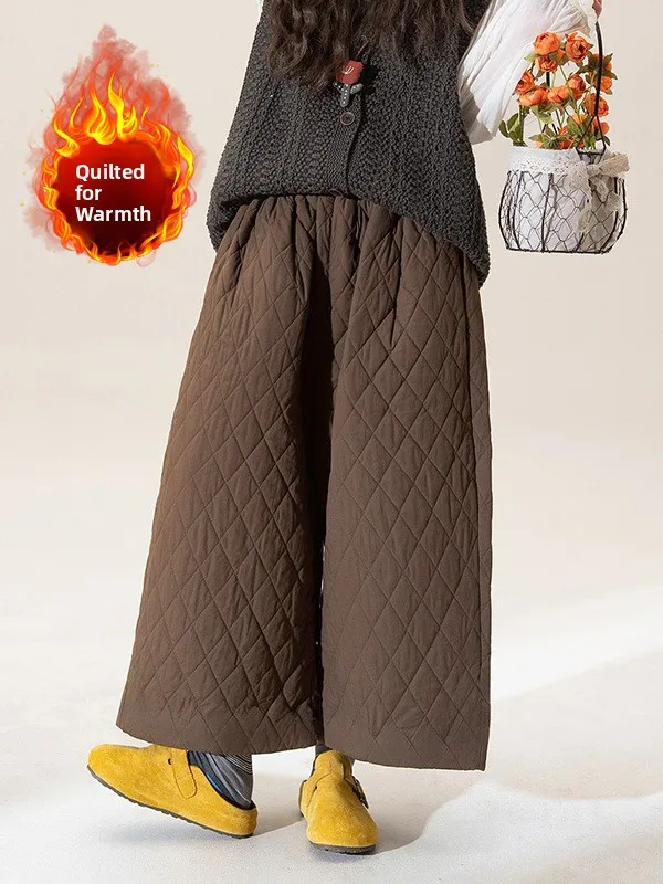 

Retro Diamond Pattern Cotton Casual Pants Thi Warm Wide Leg Pants for plus Size Women Autumn Winter New Arrival