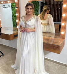 Elegant Plus Size White Evening Dress With Cape Sleeves Arabic Dubai Moroccan Evening Gowns V Neck Abaya Women Prom Customized