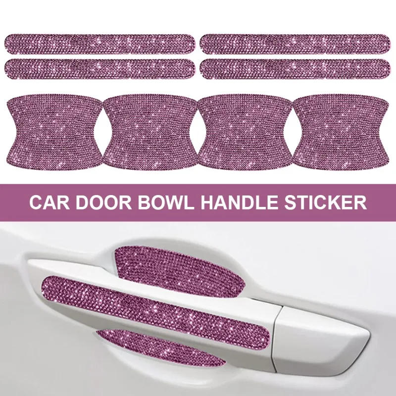 8Pcs/set Rhinestone Car Door Bowl Anti-scratch Reflective Stickers Door Bowl Handle Protection Decals Auto Decor Accessories