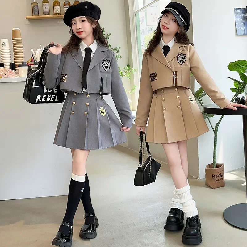 autumn teen girls Academic style JK set short jeaket+Pleated skirt 2pcs junior kid girl clothes suit children outfits conjuntos