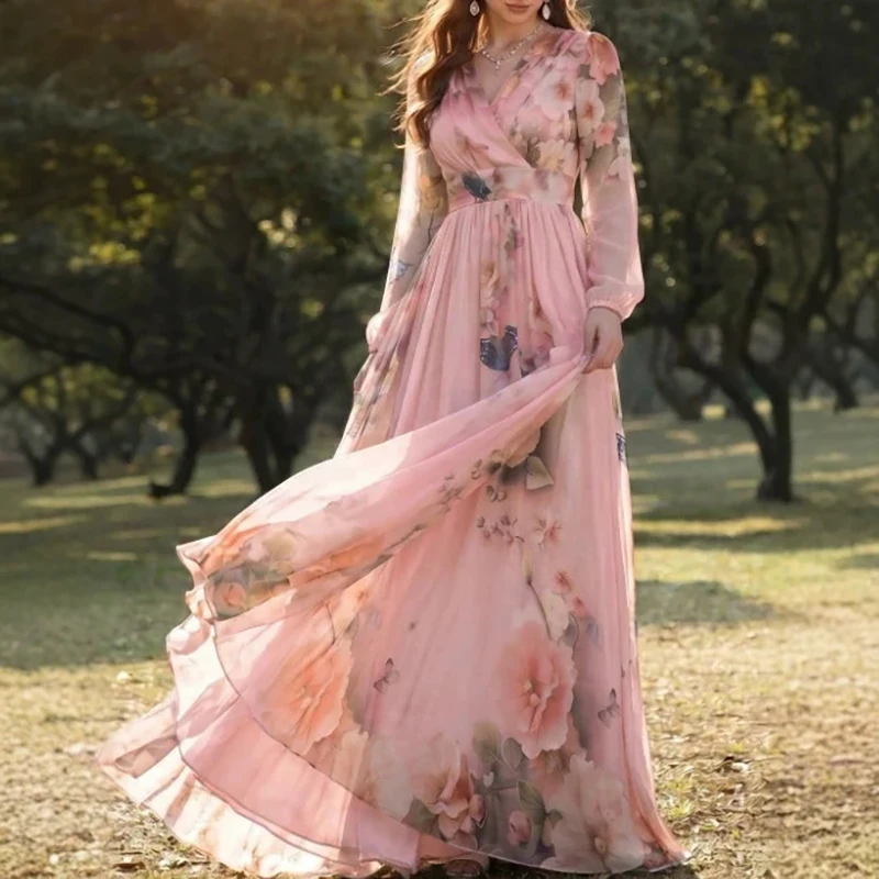 Sweet Floral Print Swing Guests Maxi Dress Fashion Pleated Women's Party Dresses V Neck Long Sleeved High Waisted Autumn Dress