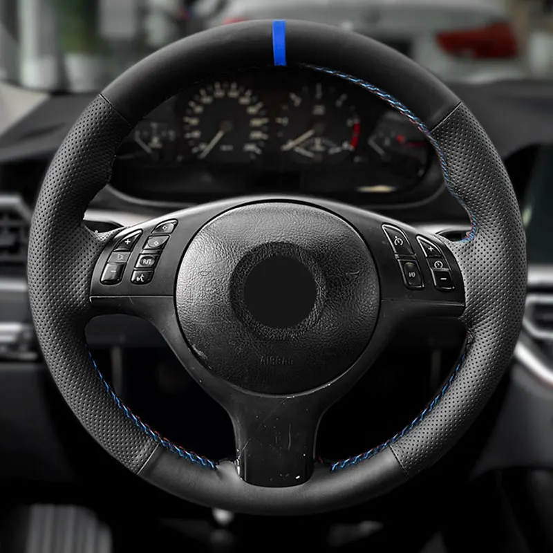 For BMW M Sport 3 5 Series E46 2000-2004 E39 M3 M5 Car Steering Wheel Cover Black Perforated Leather Red Blue Lines Blue Strip