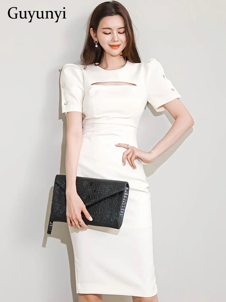 Elegant Office Dress Summer White O-Neck Hollowed Out Buckle Able Puff Sleeve Visible Zipper On The Back High Waist Sheath Dress