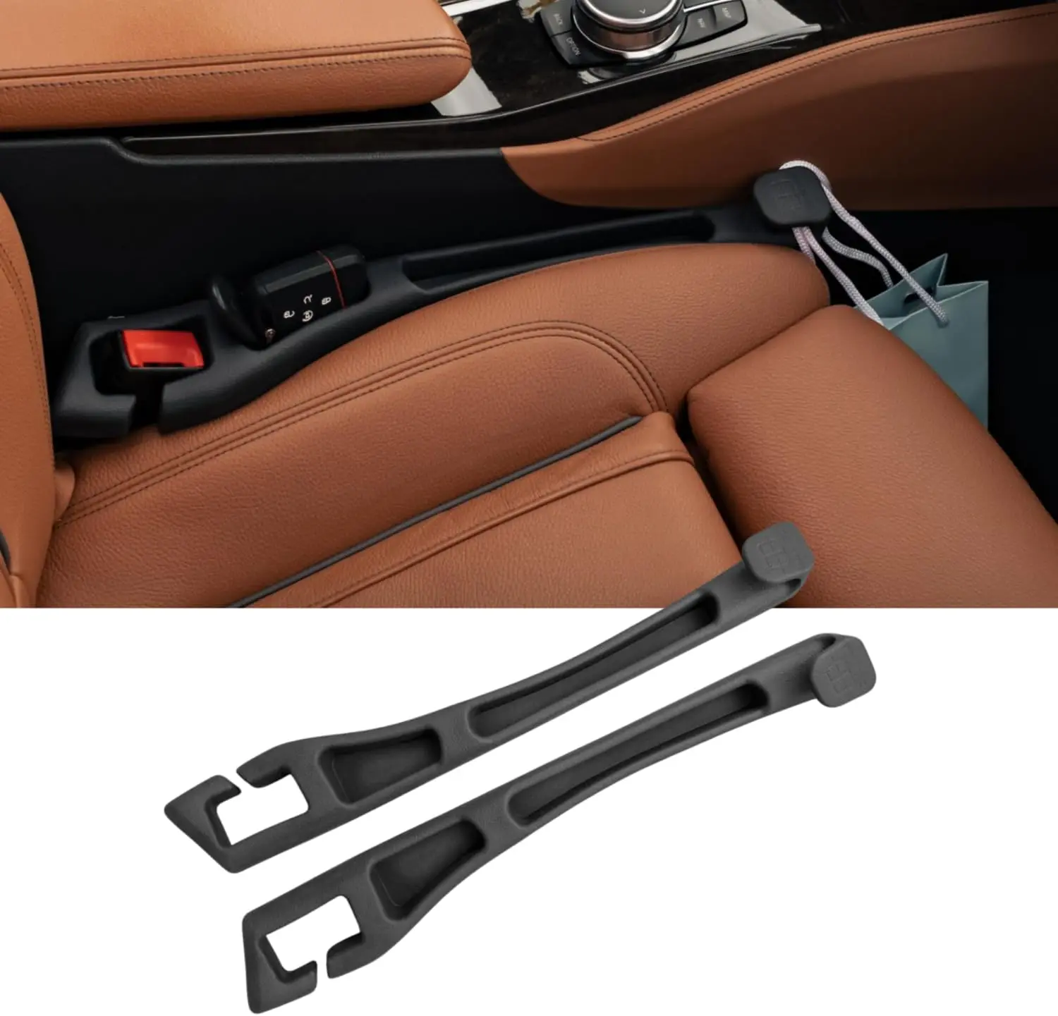 

Car Seat Gap Filler and Organizer with Integrated Hook (Set of 2) – Blocks Lost Items, Holds Phone