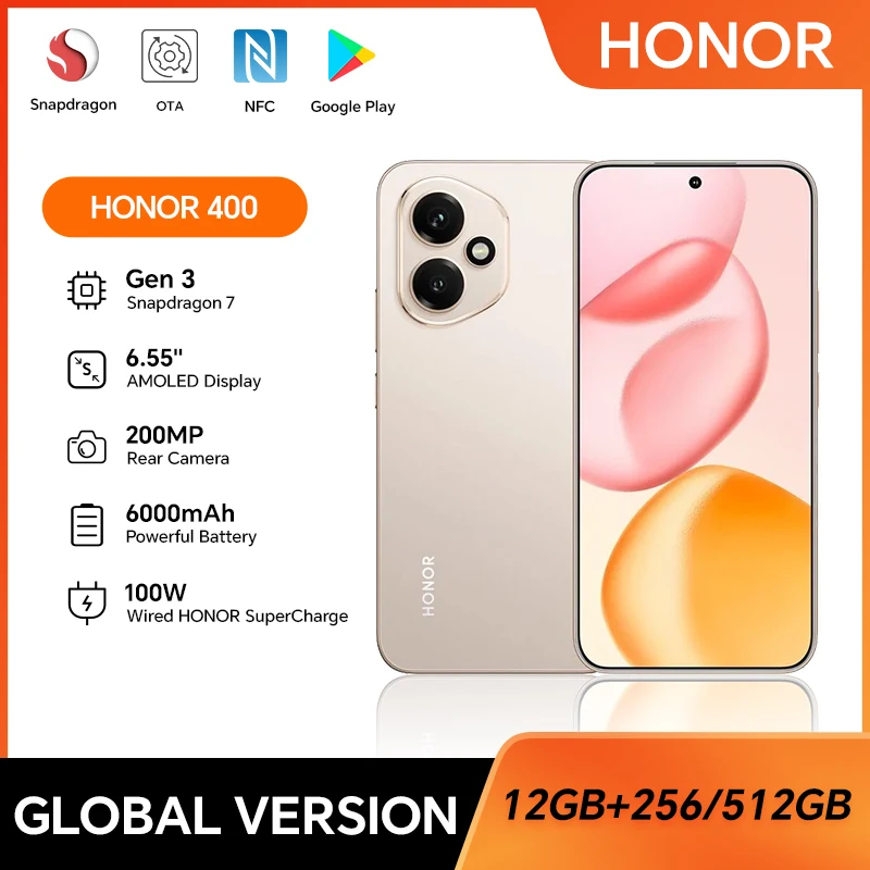 2025 HONOR 400 5G Global Version Smartphone 6.55'' AMOLED Screen 200MP Camera 6000 mAh 100W SuperCharge OTG NFC Android 15