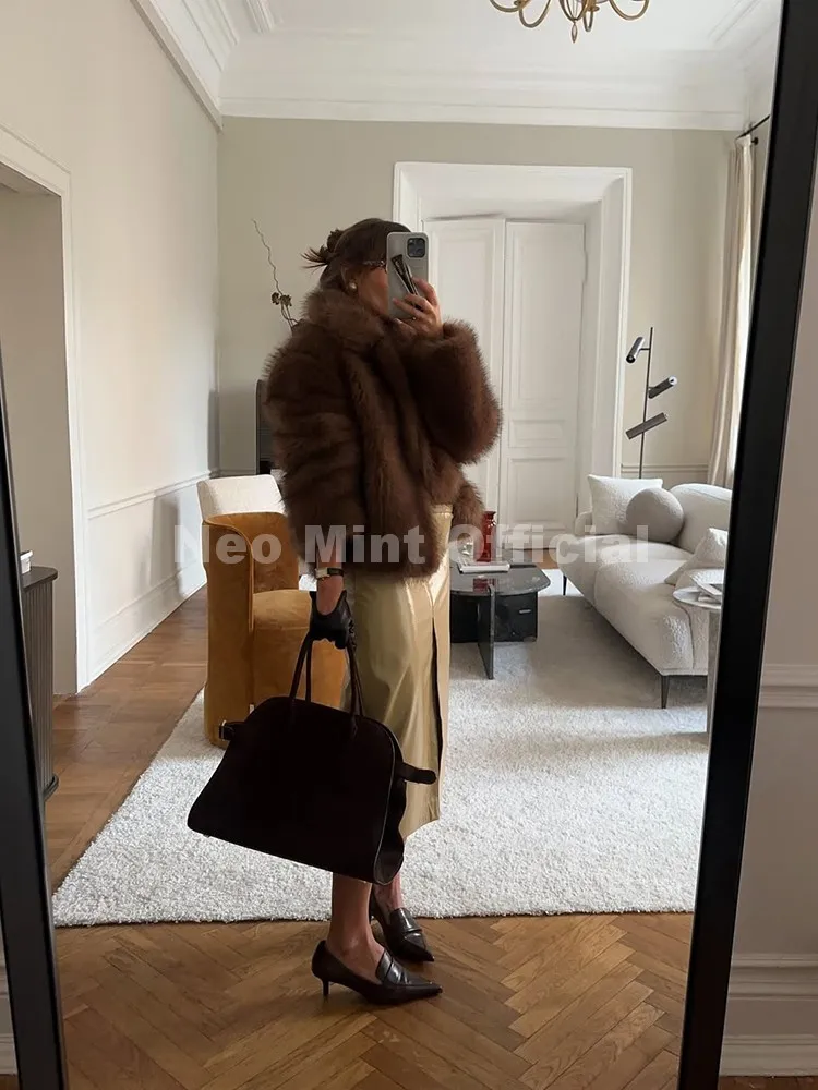 Neo Mint Fluffy Eco Fox Fur Coat Women Brand Fashion Girls Short Gradient Faux Fur Jacket Winter Female Outerwear Overcoat