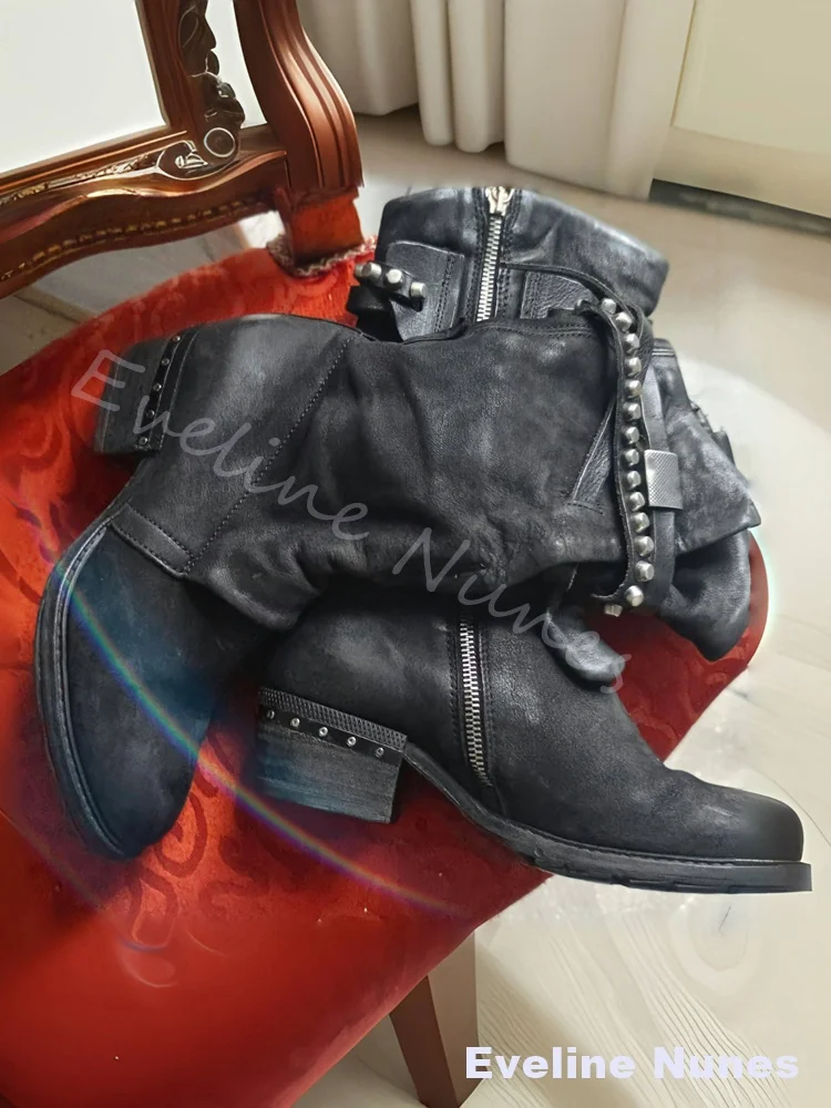 Dark Wasteland Aesthetic Strappy Mid Calf Punk Boots Women Black Genuine Leather Boots Vintage Studs Buckle Western Cowboy Boots