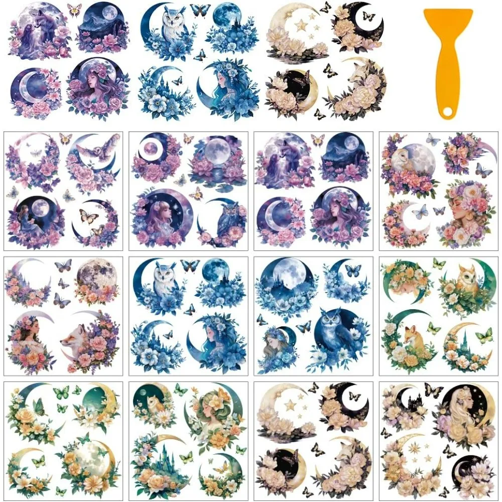 

12 Sheets Rub On Transfer Stickers with ScraperEnchanting Moon Floral Vintage Style Stickers Display for Home and Crafts