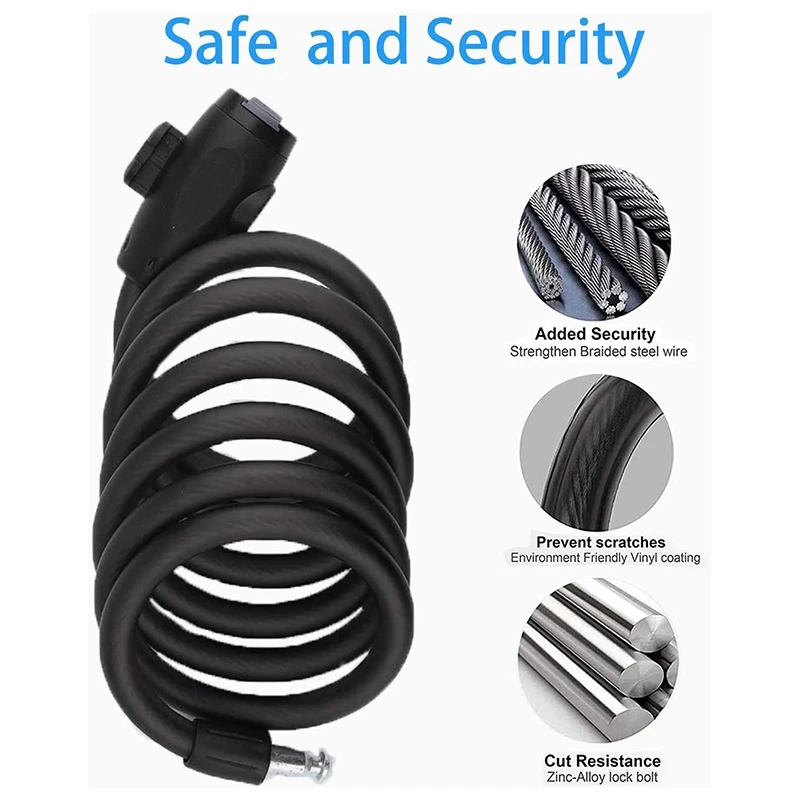 

AA75-Anti-Theft Spiral Cable Lock,Bicycle Lock With Key, Bike Padlock 180 Cm Bicycle Accessories