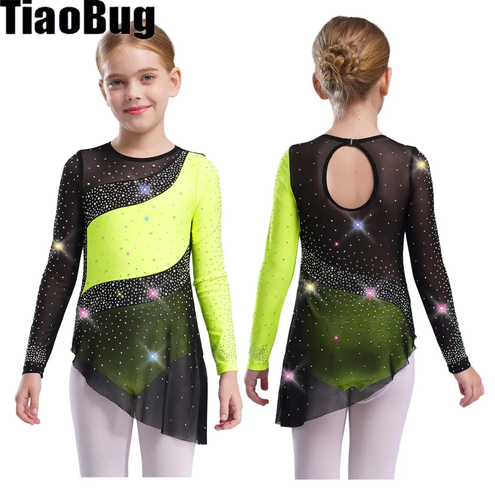 Body da pattinaggio di figura per ragazze, ginnastica ritmica, balletto, danza, costume, manica lunga, maglia trasparente, strass, abbigliamento da ballo lirico