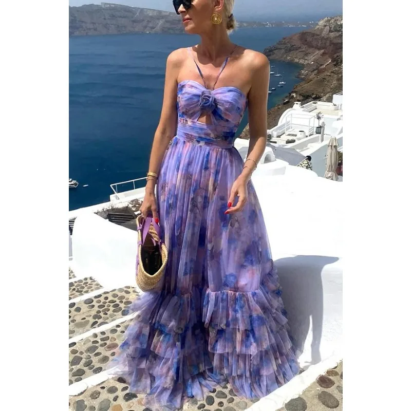 Sexy Women 3D Floral Tiered Ruffle Maxi Dress Halter Off Shoulder Corset Guest Cocktail Vacation Beach Dress Celebrity Boho Gown