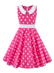 2024 Casual 50s 60s Swing Vintage Dress for Children Kids Flare Cotton Retro Cherry Floral Print Polka Dot Dress for Girl