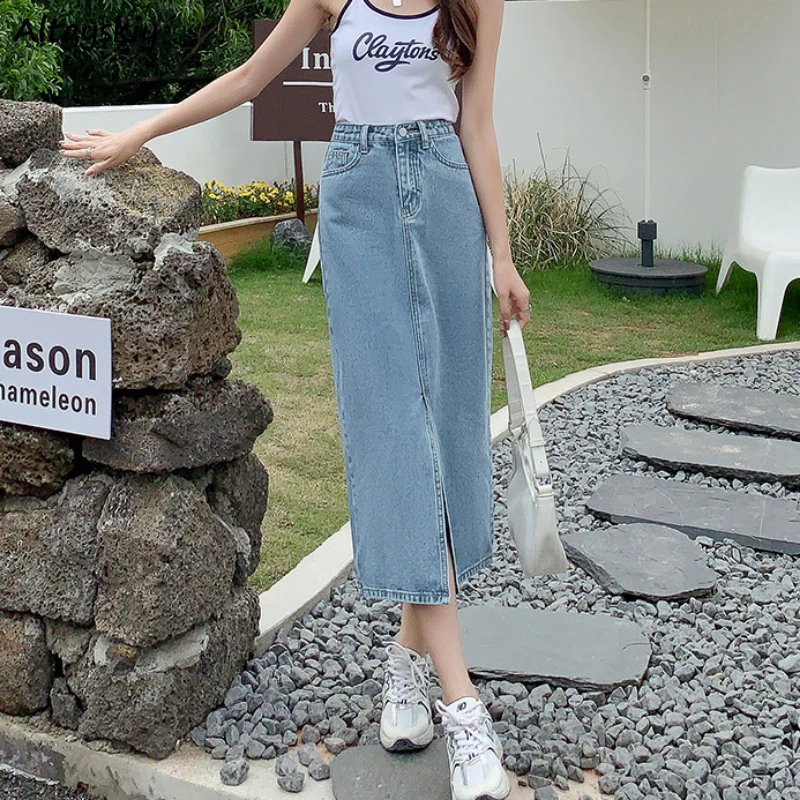 

Denim Long Skirts Women High Waist Hip Wrapped A-line Split Design Korean Fashion Leisure Simple Loose Prevalent Stylish Chic BF