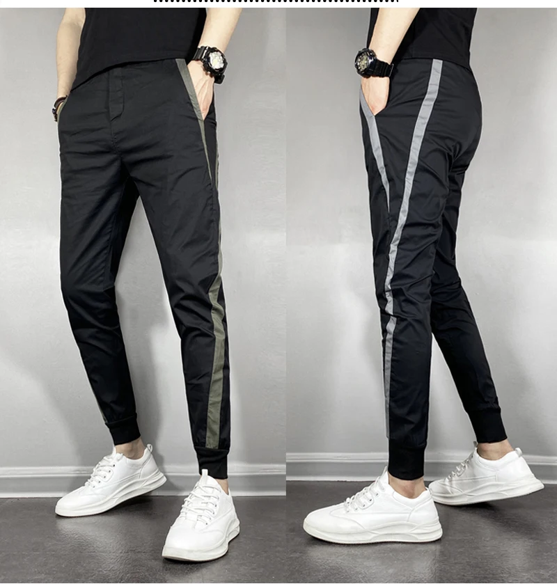 

Spring Summer Men's Slim Fit Casual Pants Korean Style Harlan Nine Points Cuffed Trousers Youth Active Style Polyester Fiber