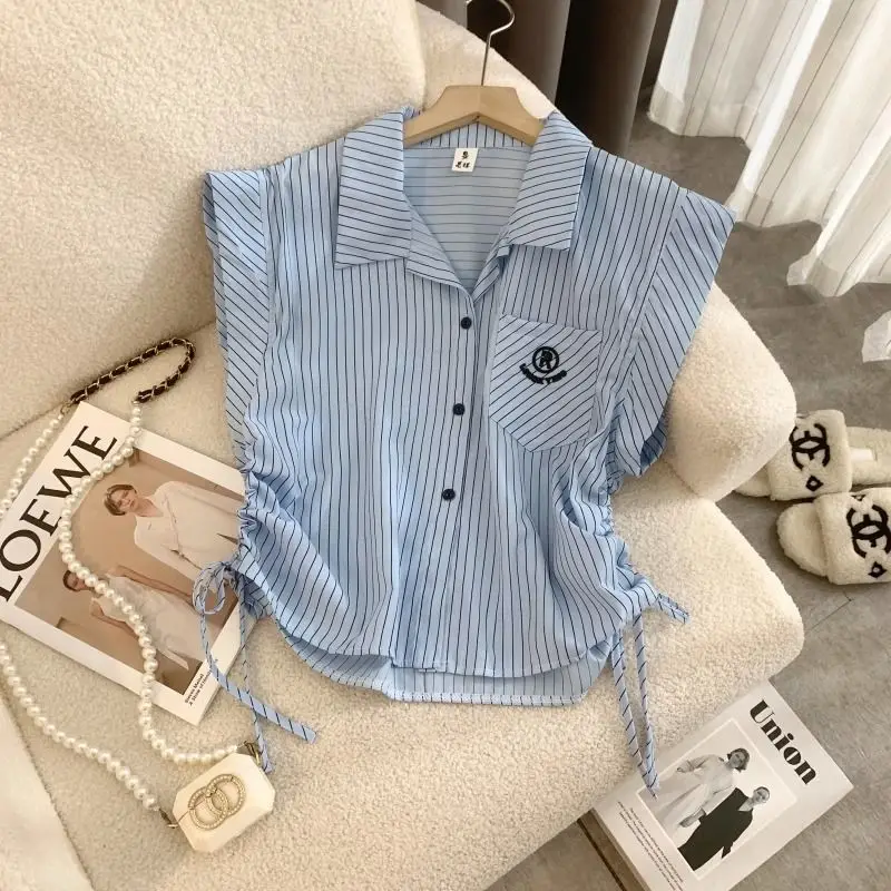 Summer New Preppy Style Short Blouse Polo Neck Drawstring Lacing Striped Youth Sweet Shirt Tops Fashion Casual Women Clothing