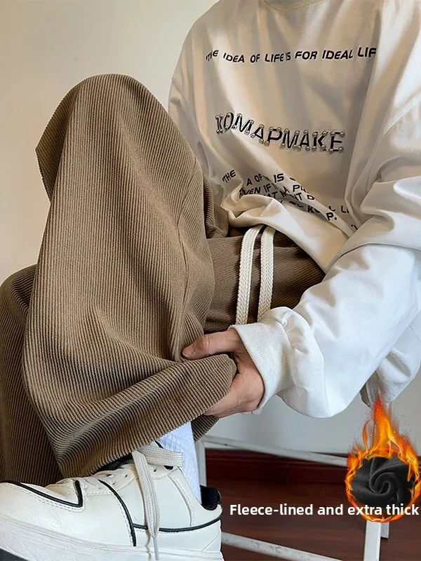 

Men's Fce Lined Corduroy Sports Pants Thiened Winter Casual Sweatpants Loose Fit Straight Leg Elastic Waist Non-Iron