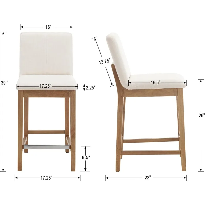 26 Inch Counter Height Bar Stools Set of 2, Upholstered Stools for Kitchen Counter with Back Support Rustic Wooden White