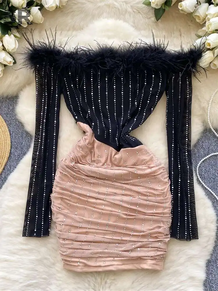 

BabYoung Fashion Beading Dresses Woman Long Sleeve Off Shoulder Slim High Quality Color Block Raw Hem Bodycon Sexy Mini Dress