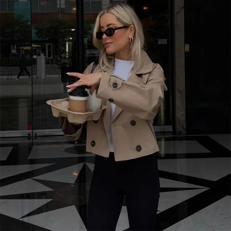 معاطف نسائية بلون سادة للربيع والخريف ملابس خروج أنيقة للسيدات بأكمام طويلة وسترات ذات طية صدر السترة ملابس خارجية مزدوجة الصدر للسيدات #4