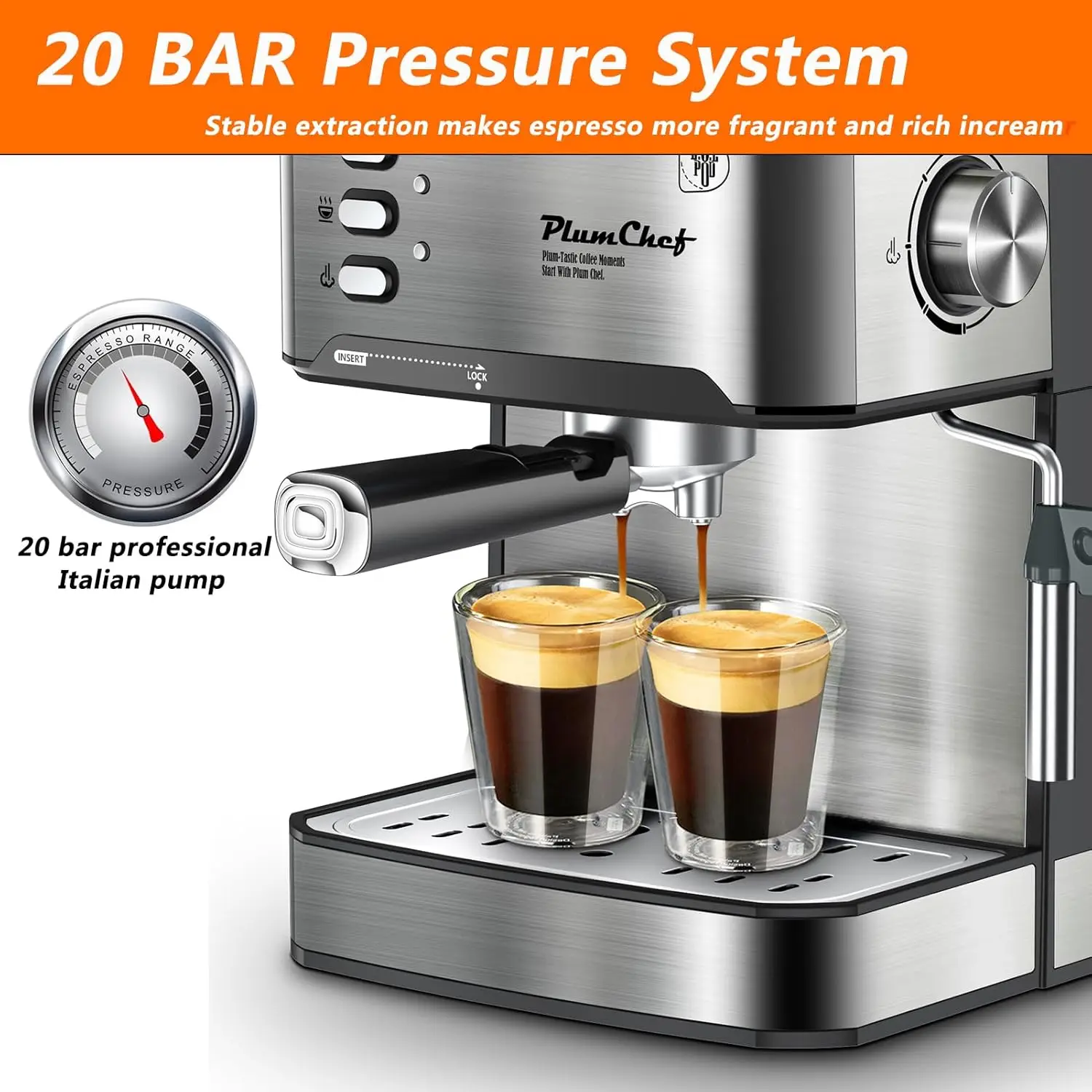 Espresso Machine 20 Bar Professional Compact Coffee Espresso Maker with Milk Steam Wand Water Tank Low Noise and Fast Coffee Mac