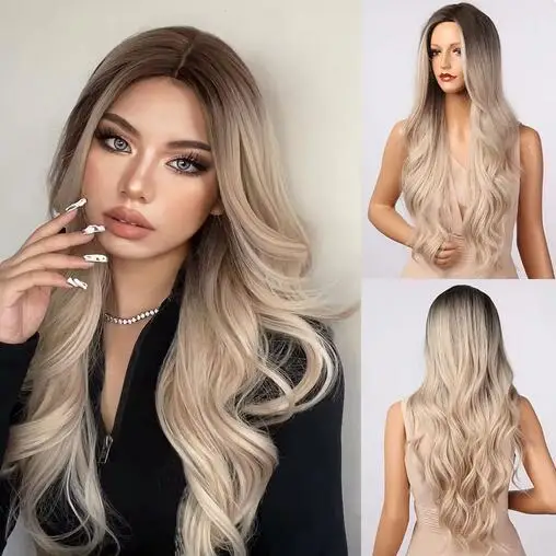 

Long Wavy Ombre Brown Platinum Blonde Synthetic Wigs for Women Heat Resistant Natural Cosplay Party Lolita Hair Wigs