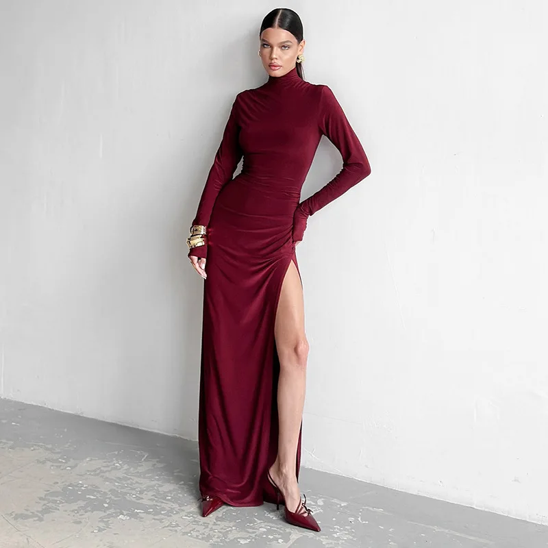 

Retro Red Half High Neck Fold Hem Dress Women Elegant Full Sleeve A-line Slim Long Dresses 2024 Lady New Chic High Street Robes