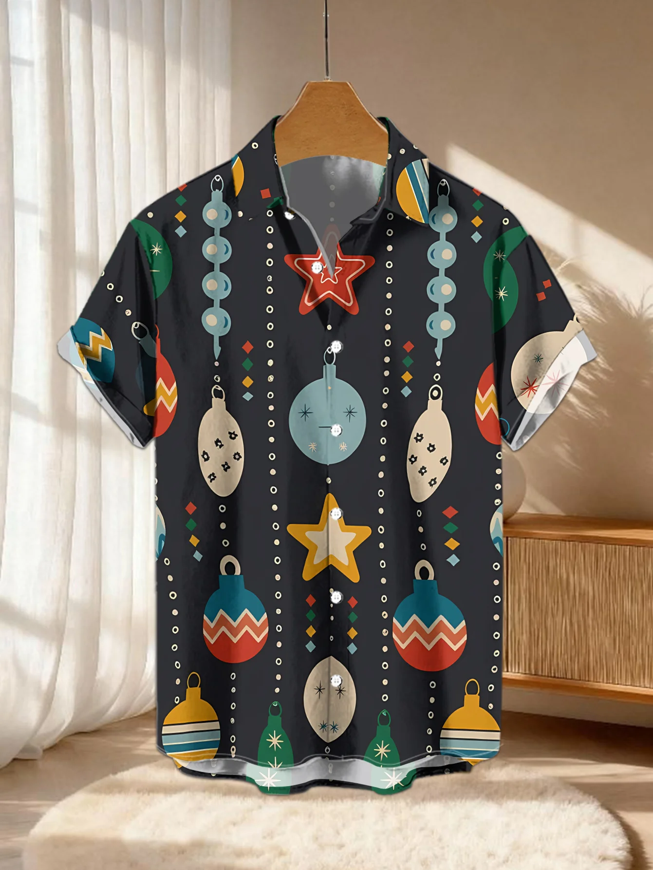 Men Short Sleeve Shirt Christmas Bauble Star Ornament Print Lapel Casual Holiday Party Button Down Tops Men's Clothing