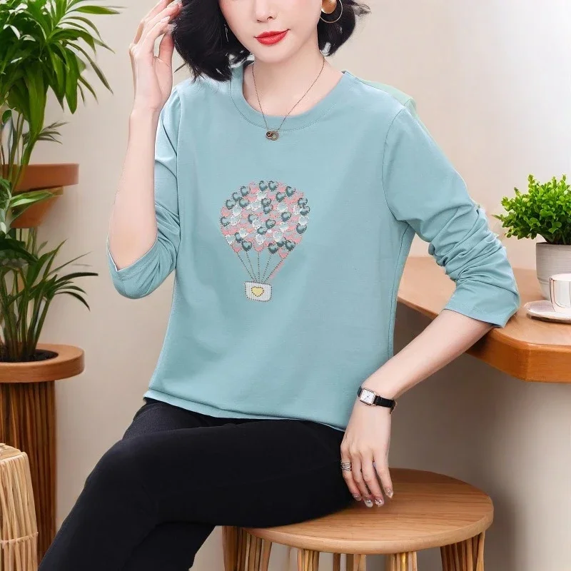Plus Size Middle Age Women Long Sleeve T Shirt Hot Drill Print Loose Cover Fat Casual Base Tops S 4XL