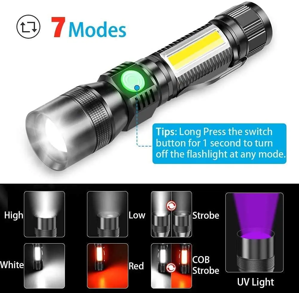 3 In 1 UV Flashlight Rechargeable Tactical Flashlight with Pocket Clip High Powered LED Light 7 Modes Waterproof for Camping