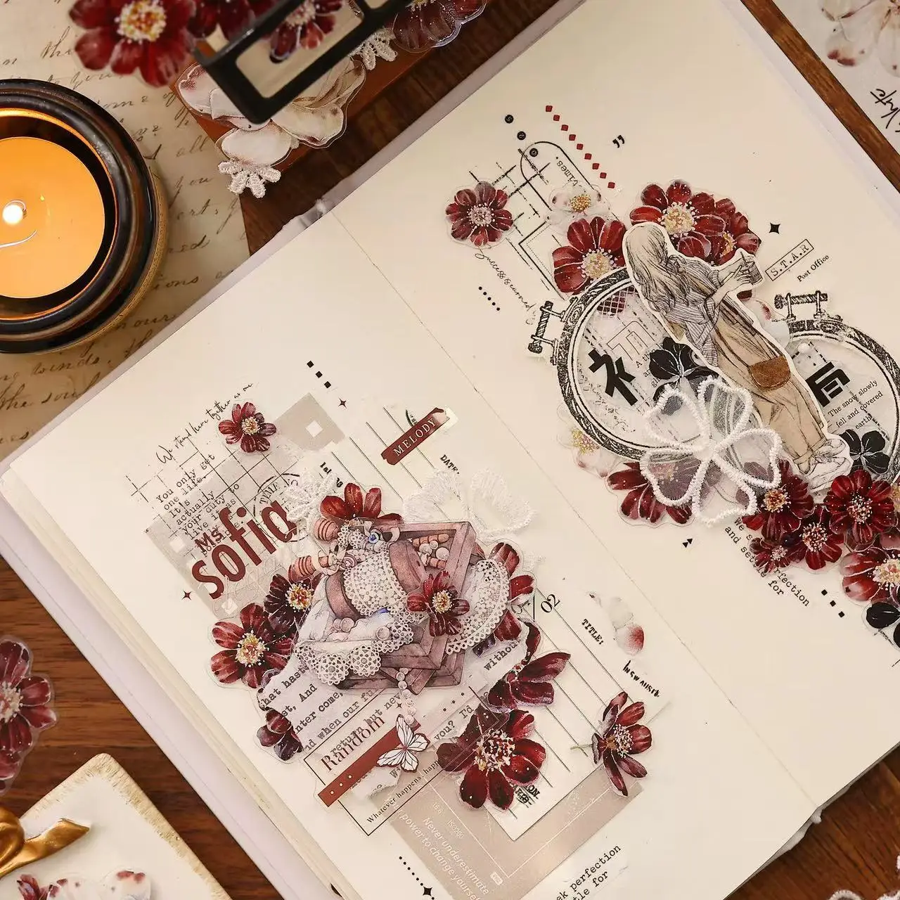 XiaoBaiJia Studio Vintage Red Flower Petal Floral Washi PET Tape DIY Card Making Scrapbooking Decorative Sticker