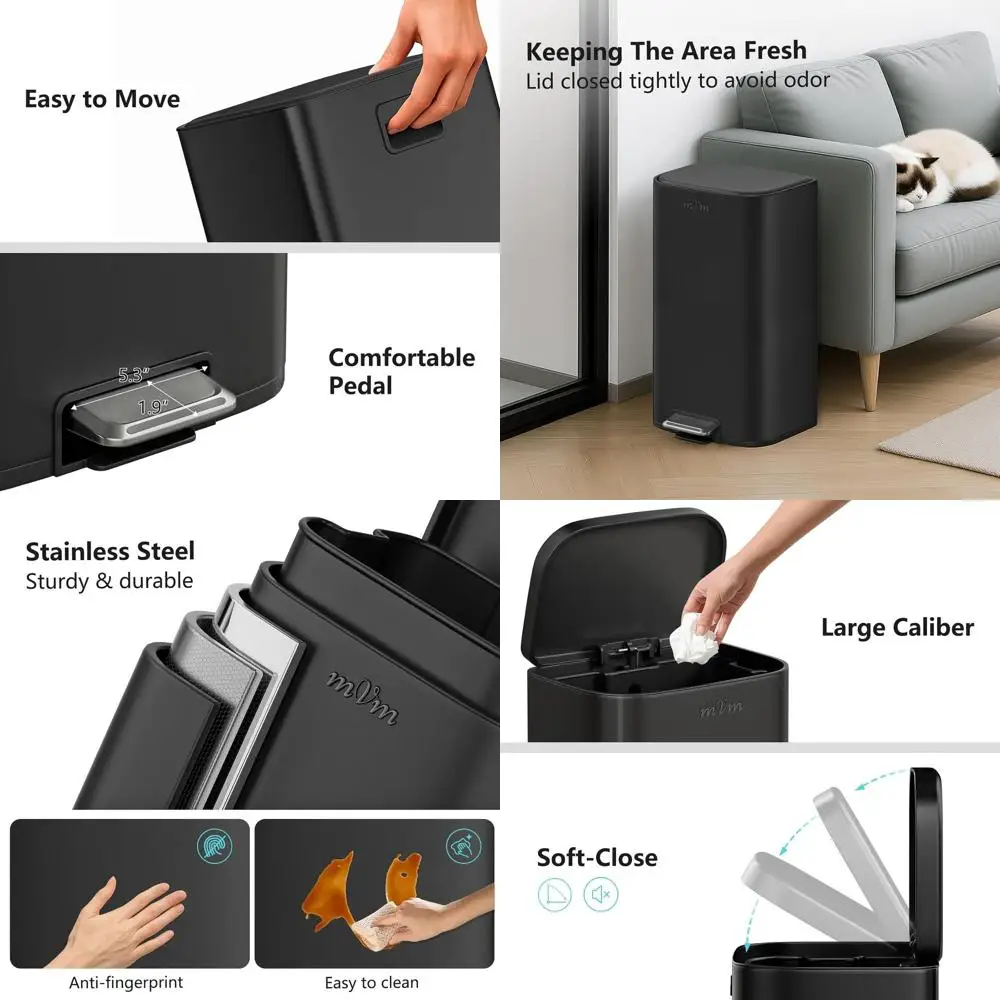 

8-галлонный мусорный бак для кухни с педалью, гладкими краями и крышкой, черный цвет