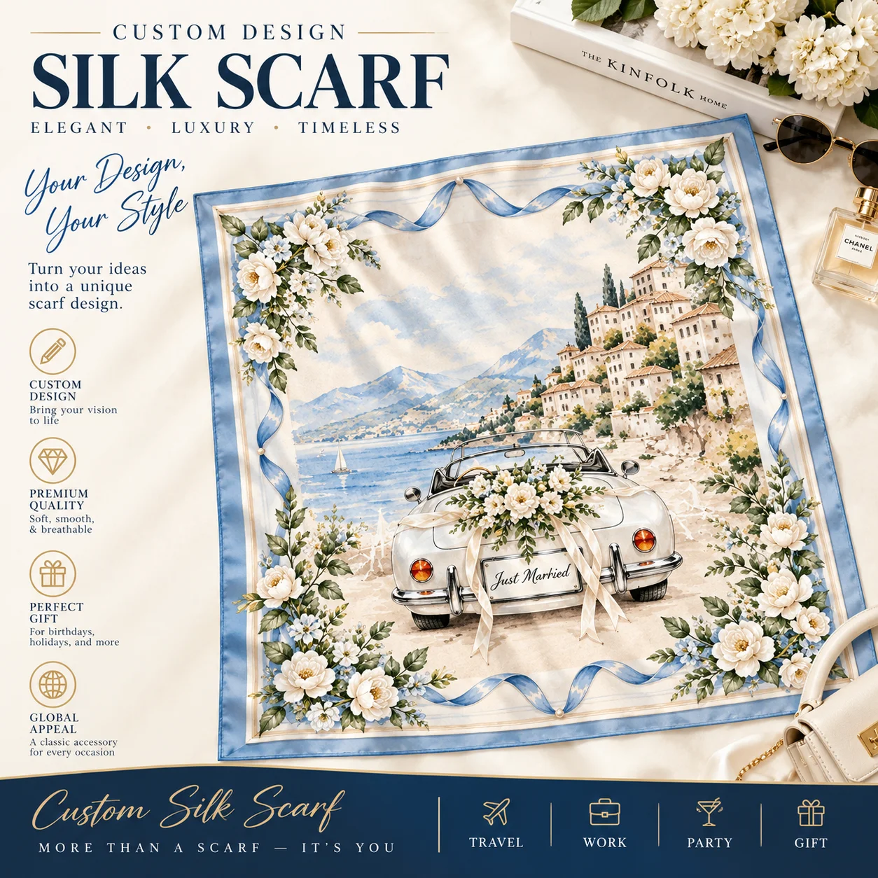 Custom Wedding Silk Scarf Just Married Floral Car Print Personalized Bridal Gift Bridesmaid Accessory Wedding Favor Wholesale