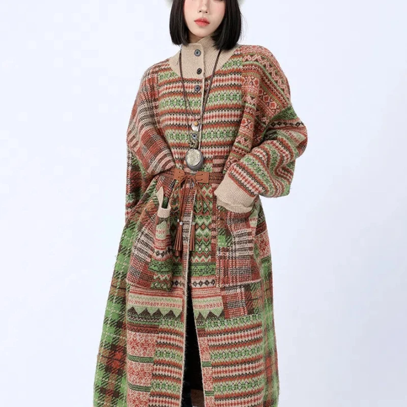 Retro Ethnic Style Jacquard Long Sweater Jacket Women's Lazy Style High Neck Loose Fit Knee High Knit Cardigan Thick