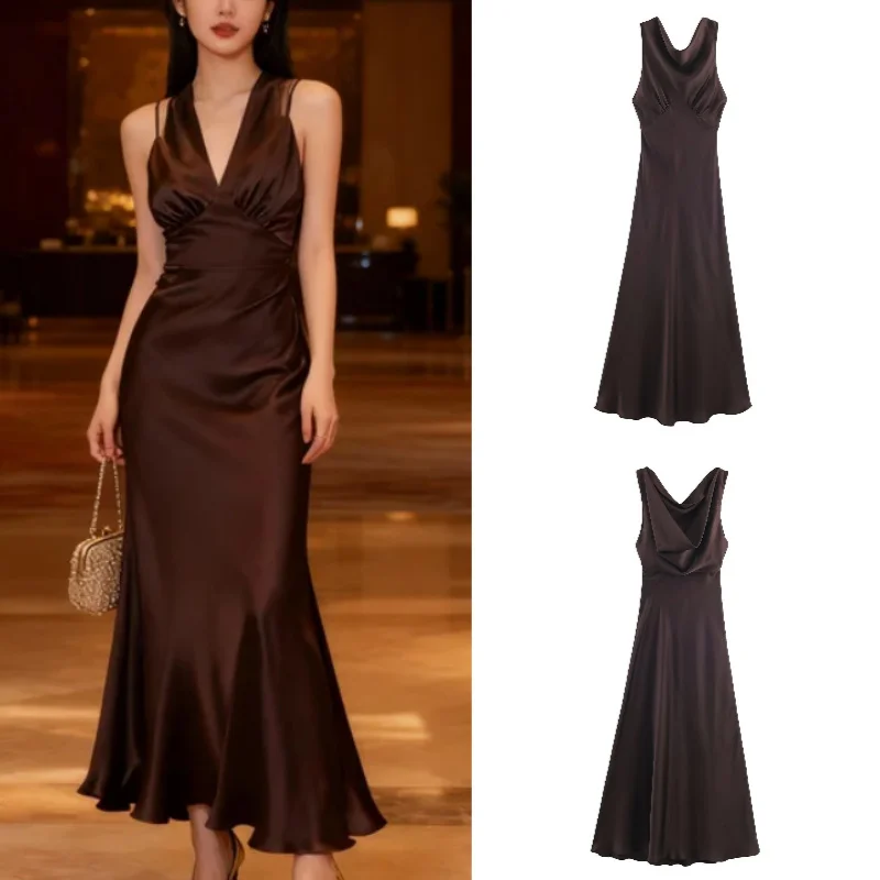 Sexy Damen-Midikleid aus Seidensatin, trendige Herbstmode, 2025, trendiges sexy Damen-Midikleid aus Seidensatin