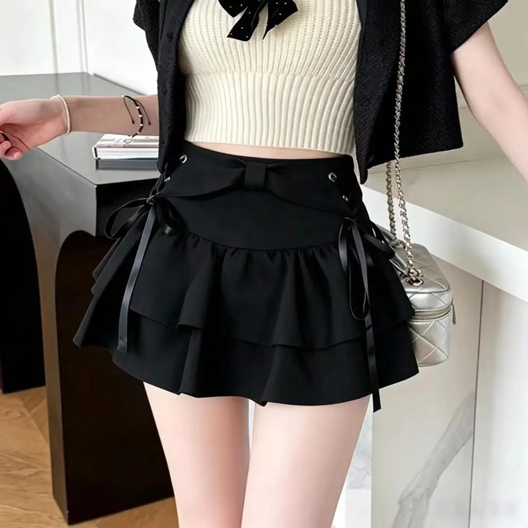 Y2K Spicy Girl Black Belted Pleated  Skirt Women's Spring Sweet Spicy Small A-Line Short Skirt Design Sense Half Body Ski...