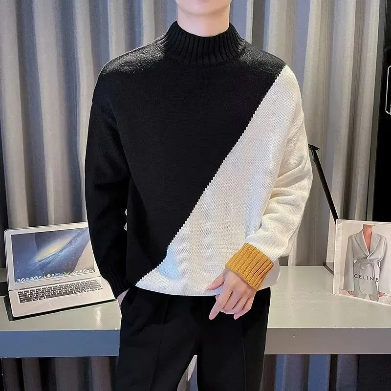 Korean Style Half Turtleneck Contrasting Color Sweater for Men Autumn Winter Splicing Thickened Pullover Bottoming Knitted Top