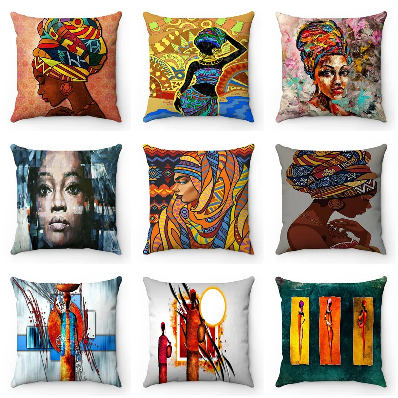 

African Girl Lady Oil Painting Decorative Cushion Cover Pillow Cover Polyester Throw Pillow Living Room Decor Pillowcase 40x40cm