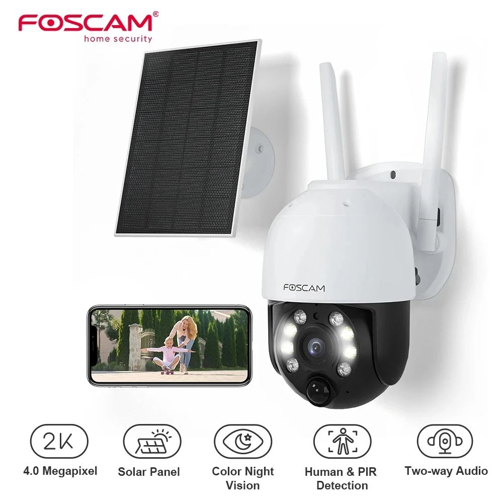 FOSCapture d\'écran-Caméras de sécurité solaires 2K, Sans fil, Extérieur, 4MP, Batterie PT, 622.4G, Wi-Fi, Vision nocturne, Caméra pour la