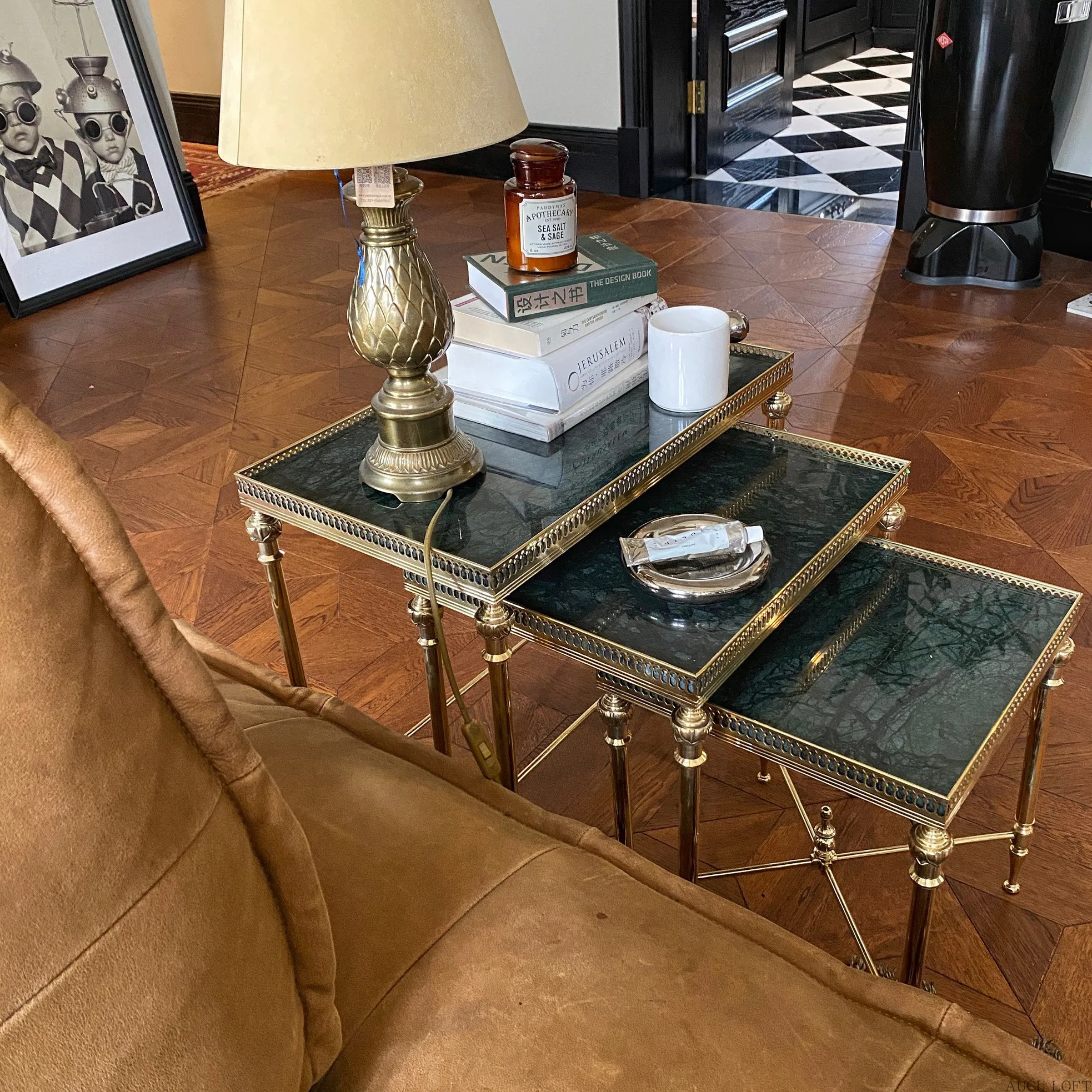 Antique tea table Antique brass side table Antique emerald marble set table partition frame