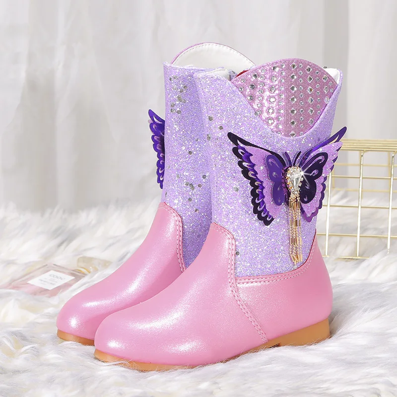 

niu girl butterfly tassel thermal fleeced shoes kid anti slip sequin crystal wedding dance party princess boots