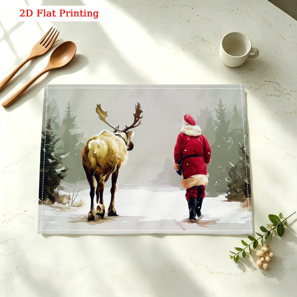 Santa And Reindeer Winter Scene Kitchen Placemat Coaster Linen Pad Dish Coffee Cup Table Mat 30x40cm Home Decor