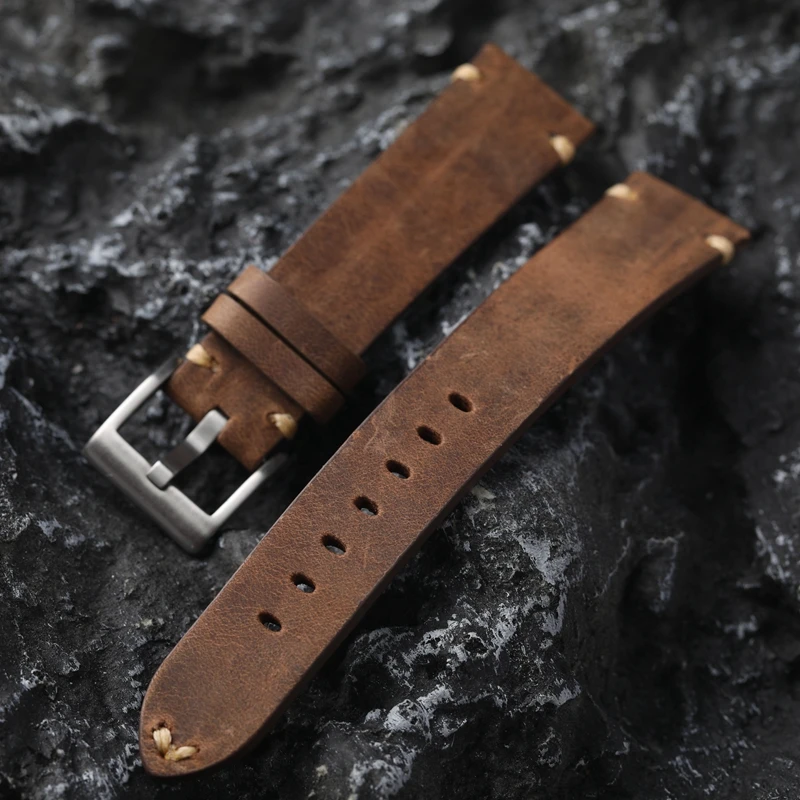 

Handmade First Layer Cowhide Watchband 18 19 20 22MM Leather Soft Old Adapted To Mountaineer Watch Vintage Watch Men Bracelet