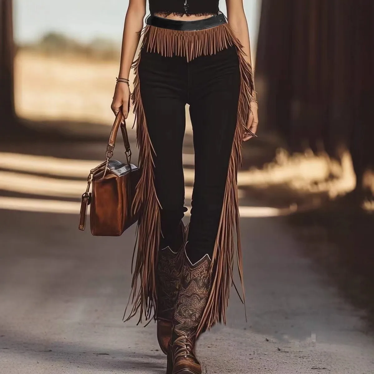 Women Pants Fringe Patchwork Vintage Full Length Trousers Black High Waist Slim Pants Western Style Long Fringe Trim Skinny
