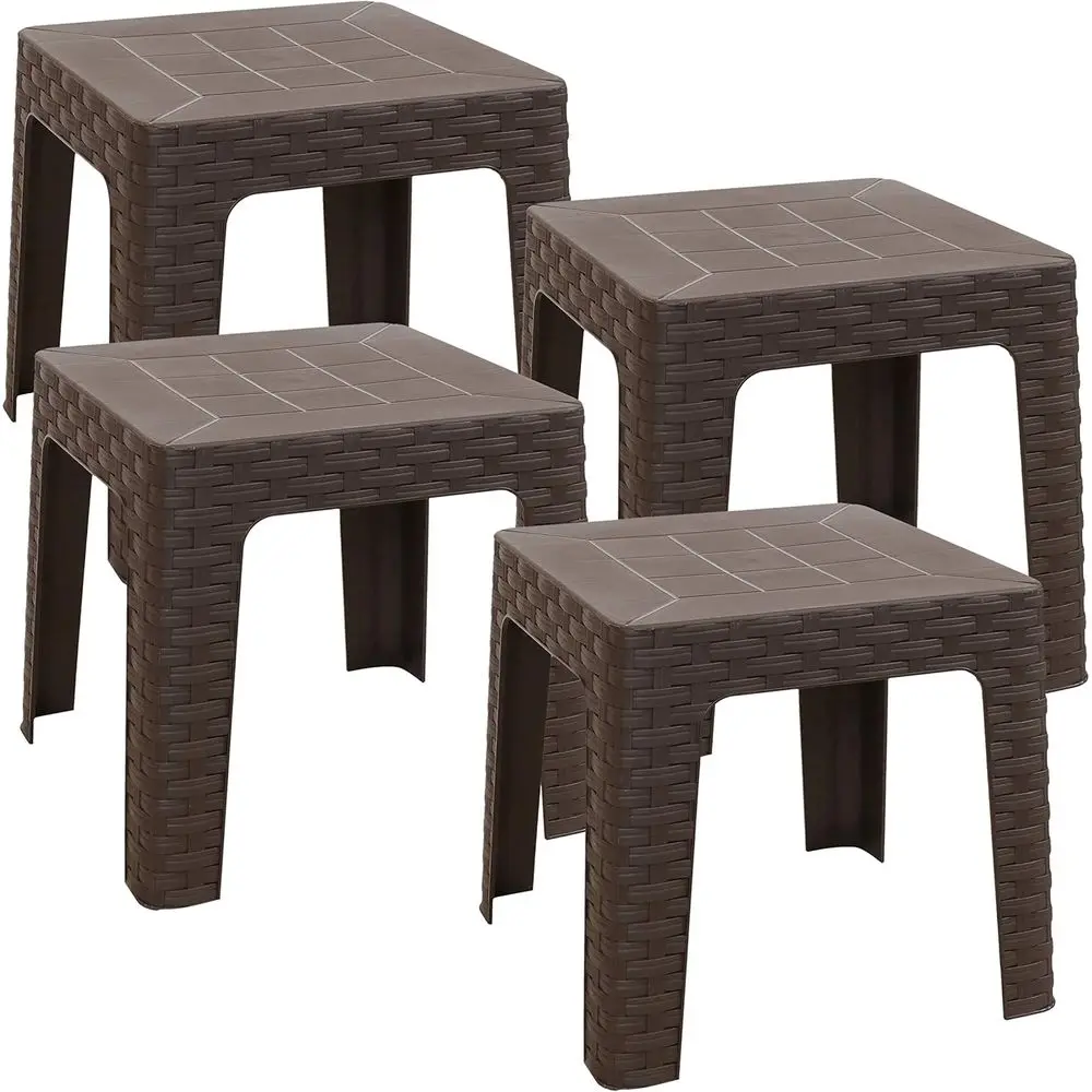 Plastic Square Outdoor Side Table Set of 4 for Balcony or Patio in Brown