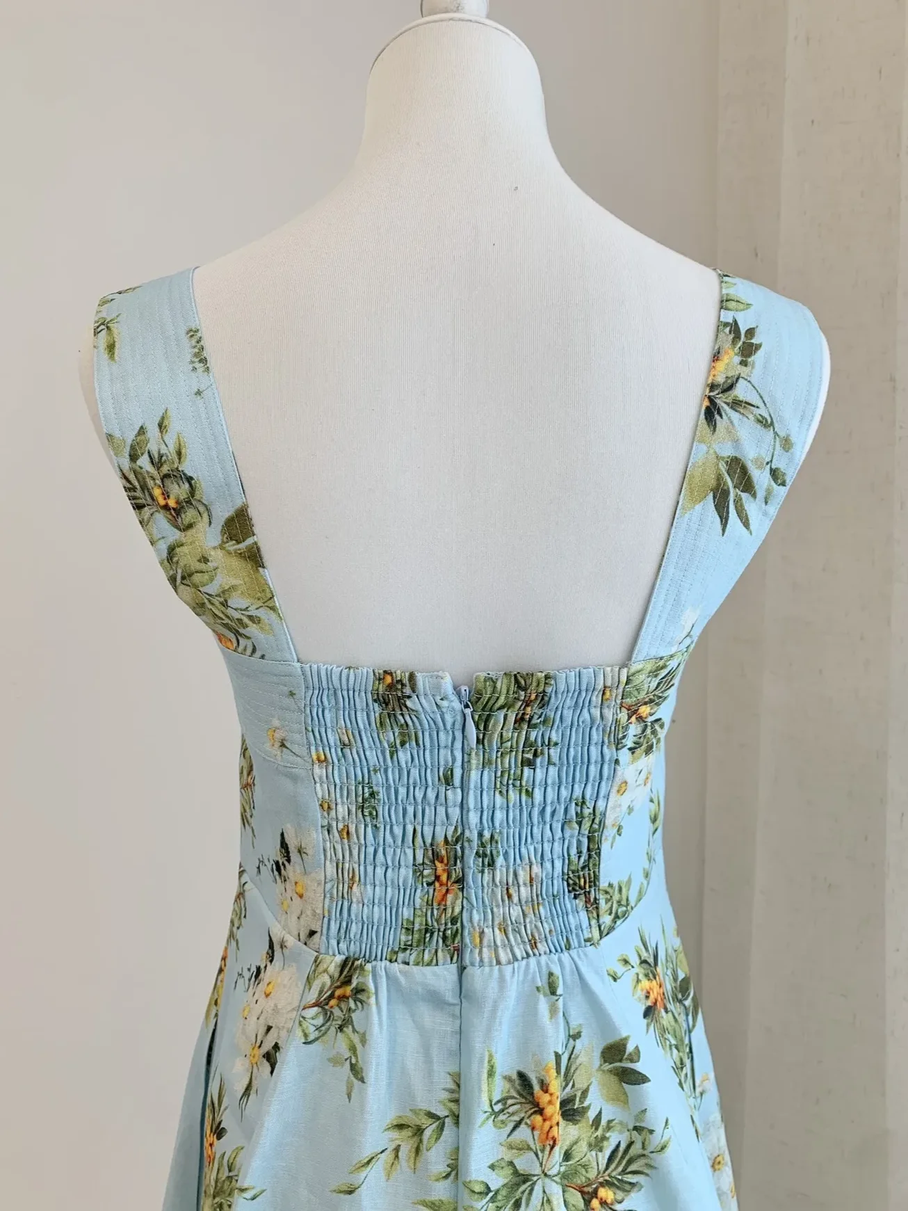 Vestido largo femenino de vacaciones de cintura alta sin mangas con cuello cuadrado 100% de lino con estampado Floral azul para mujer