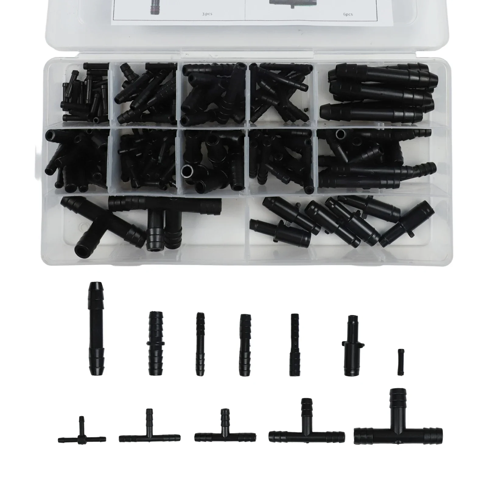 Robust 113 Piece Car Hose Connector Assortment Reducer Straight T Piece Set (Plastic Black) for Various Applications