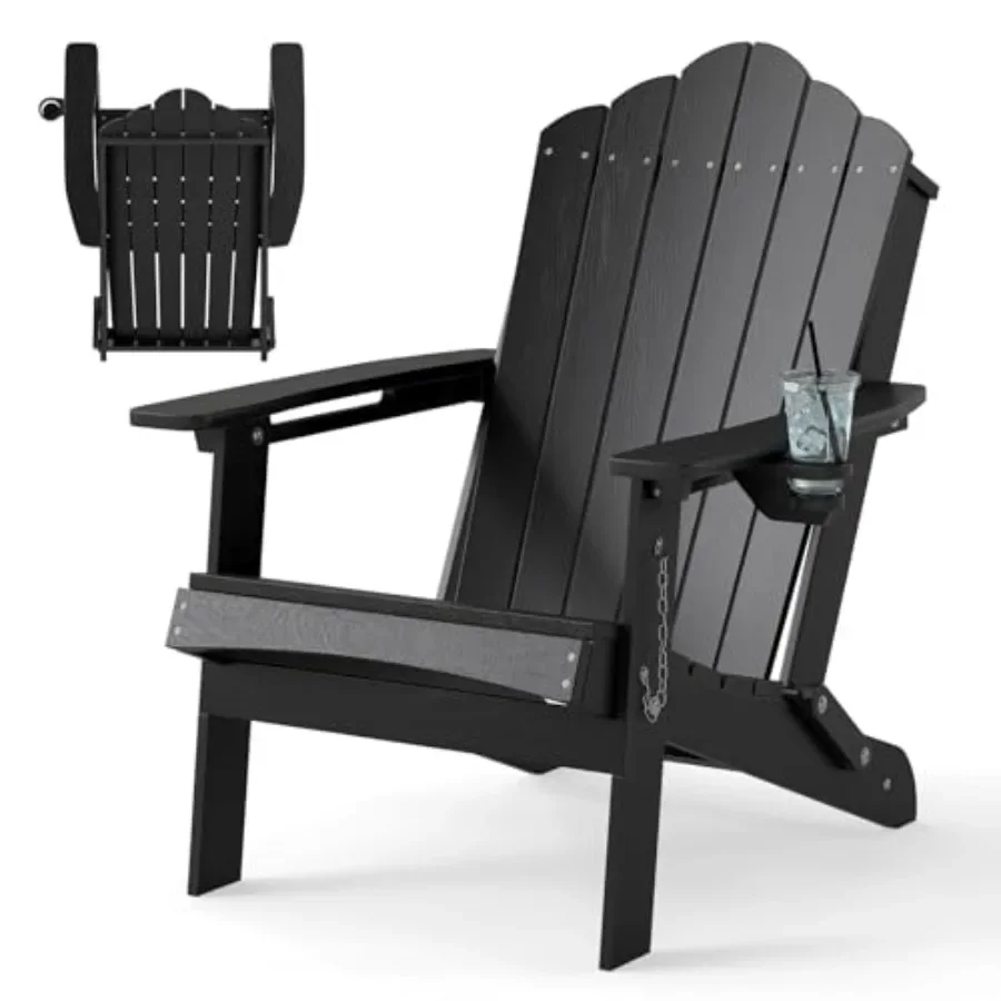 Outdoor Folding Adirondack Chair, HDPE Armchairs with Cup Holder, Weather Resistant Lounger Chair for Patio Garden Fire Pit Bac