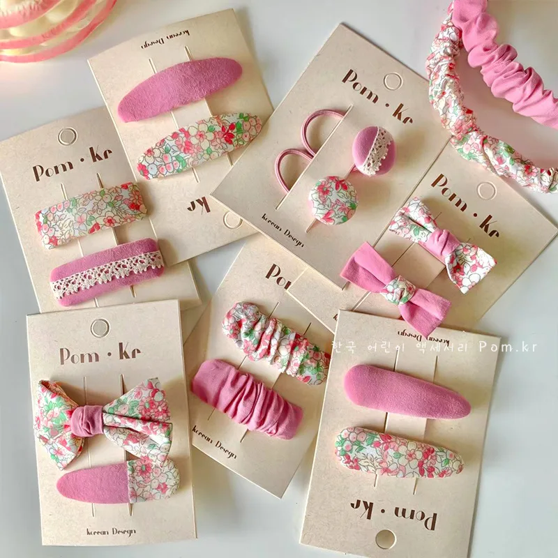 

2pc Pink color Baby Hair Clips Cotton Floral Printed Bow Hairpins Kid BB Barrettes Hair Hoops Girls Elastic Hairbands Headwear