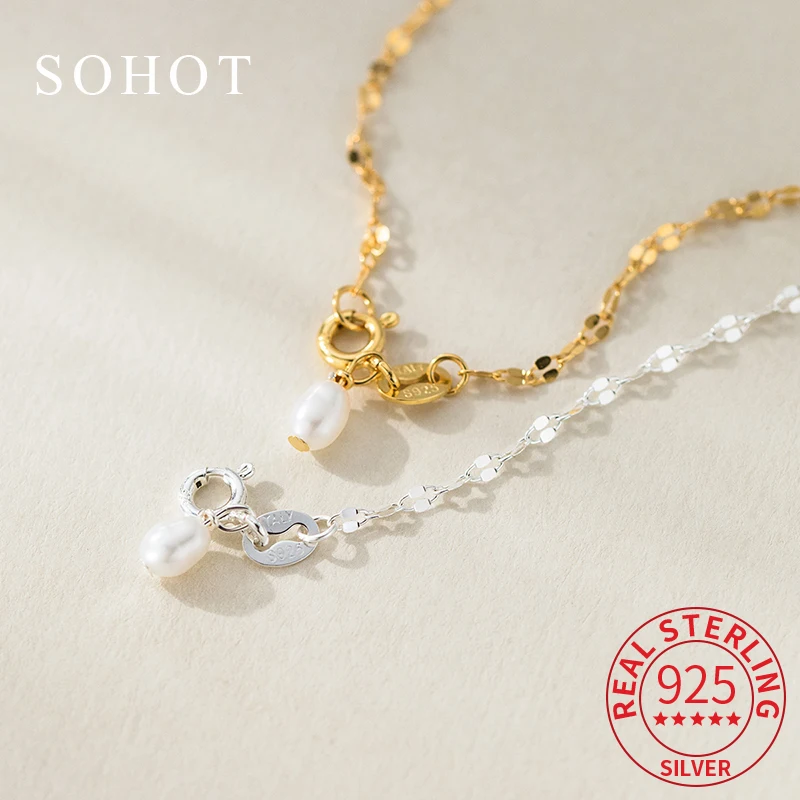 

Real 925 Sterling Silver 18K Gold Pearl Chain Charms Bracelet for Elegant Women Exquisite Cute Fine Jewelry Accessories